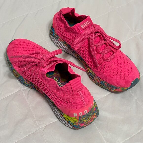 NOBULL Women’s 6.5 Knit Runners Hot Pink Reflective Laces Multicolor Sole Shoes - Picture 2 of 14